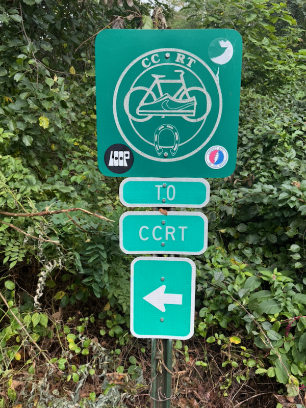 Cape Cod Rail Trail sign on Salty Ridge Road in Orleans